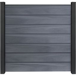 GroJa Solid Grande Premium Steekzaun Schutting Grijs co-geëxtrudeerd Zichtscherm Steekzaun Lamellenomheining Bouwsysteem met 7 vullingen en 6 pilasters, afstandsstuk-set en afwerkingsprofiel, 180x180x1,9 cm