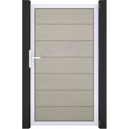GroJa Einzelpoort Solid Grande Steekzaun Bi-Color Sand co-geëxtrudeerd Elegant ontwerp, geanodiseerd alu-frame, 7 houtcomposiet vullingen, maatwerk mogelijk