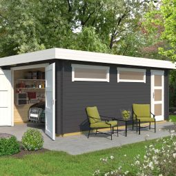 WEKA enkel garage 441 hout grafietgrijs met houten poort, 2 ramen en een aparte ingang