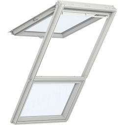 VELUX Dakraam Lichtoplossing GPL GIL LICHTBAND Hout wit gelakt ENERGIE PLUS Klap-zwaairaampje Een dakraam-set bestaande uit: klap-draairaam met 3-voudige beglazing, aanvullingselement, dakraam gootstuk, verlengstuk