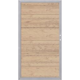 TraumGarten schutting DESIGN WPC ALU poort Zand/Zilver Alu-designframe 66x40 mm, 6 houtcomposiet-latten, 98x180 cm, DIN rechts/links montabel, onderhoudsarm, incl. beslag