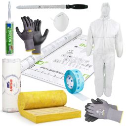 URSA Compleet-set GEO SF 32 / 35 Klemmfilz Isolatiemateriaal en accessoires voor 60-380 m² oppervlakte: glaswol isolatie, klimamembraan, aansluitingslijm, kleefband, isolatiemes, wegwerpbeschermingspak, ademmasker, montagehandschoenen